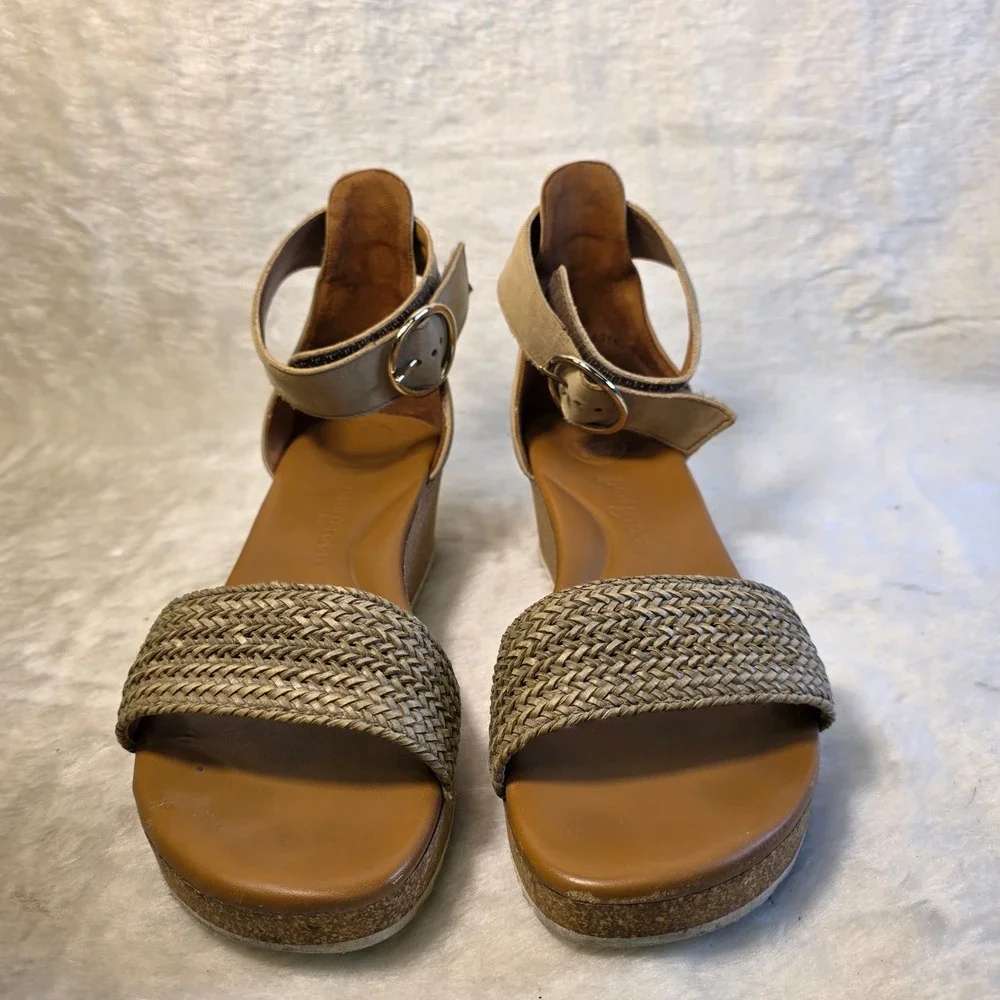 Paul Green Ankle Strap Micro Wedge Sandals Tan Brown Leather Women 8.5 Excellent